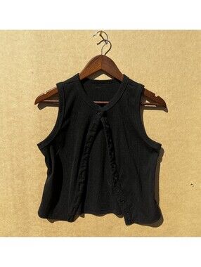 Vintage Y2K Asymmetric Button Front Tank Top Black Ribbed Split Hem Vest S